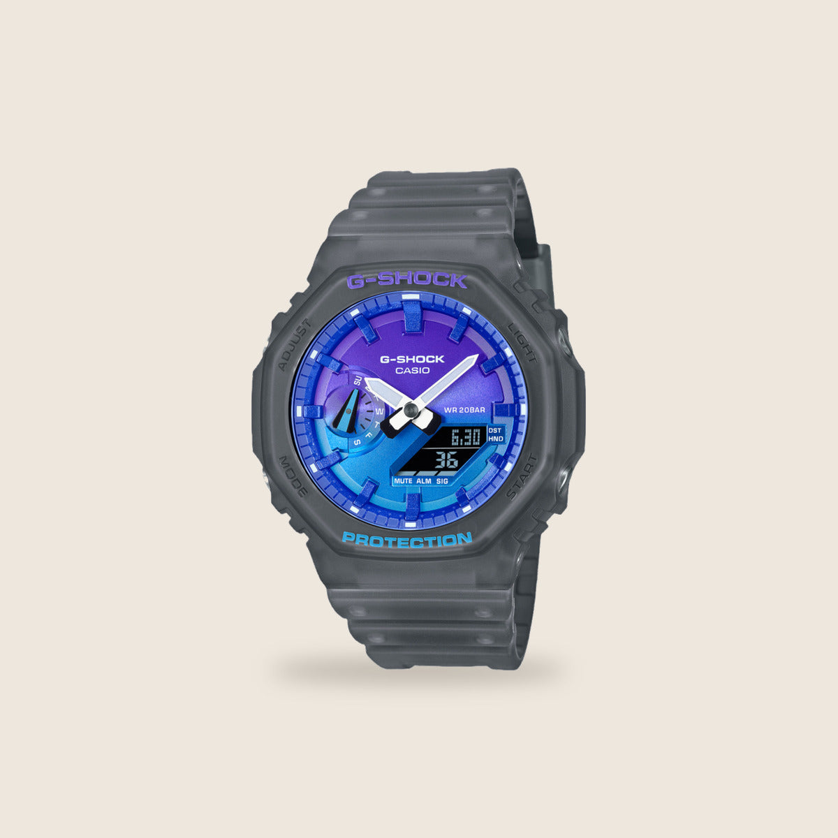 Casio G-Shock GA-2100 — Gris cadran bleu iridescent